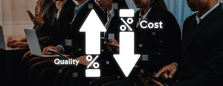 A business context picture illustrating the impact of quality and cost, featuring professionals using mobile devices during a presentation in a sleek office environment. Trope
