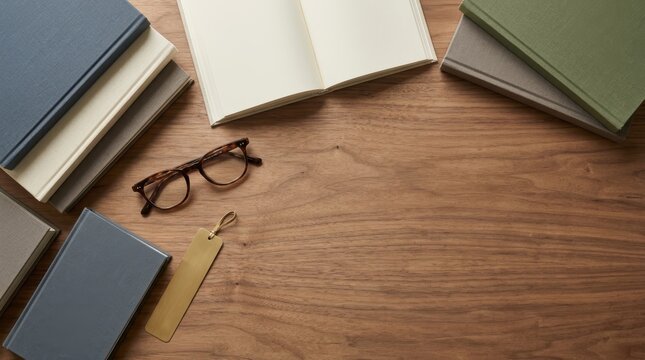 Flat lay of linen hardcover books with reading glasses and brass bookmark on walnut wood surface, minimalist academic border composition with copy space for library or education th