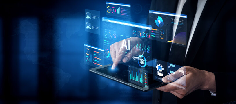 AI business intelligence interface featuring real-time AI data visualization, predictive AI model graphs, and automated report tools driven by AI artificial intelligence for business solution. Corpus