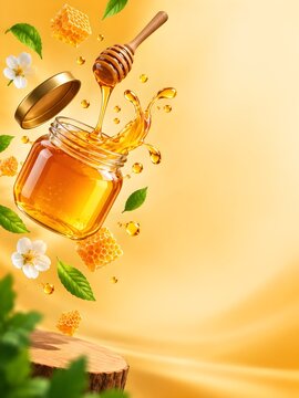 Natural Honey Jar with Wooden Dipper, Honeycomb and Golden Honey Splash on Wooden Stand