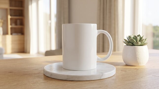 Empty white ceramic mug on a marble coaster in a sunlit modern interior.