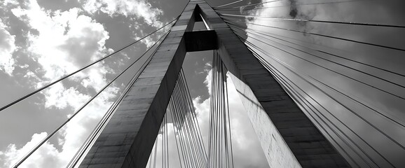 Fototapeta premium Black and white photo of a suspension bridge against a cloudy sky.