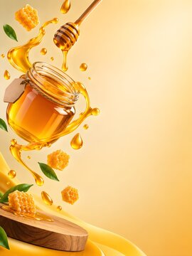 Golden Honey Jar with Wooden Dipper, Honeycomb and Honey Splash on Rustic Wooden Board