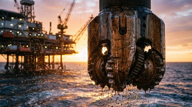 Heavy steel drill bit suspended above offshore oil rig during a golden sunset.