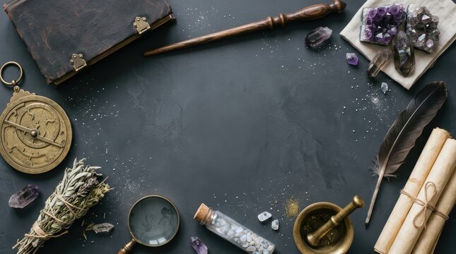 Arcane apprentice study flat lay featuring magic wand, grimoire, crystals and celestial tools on charcoal surface with copy space
