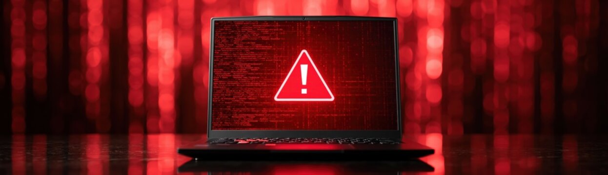 Laptop screen displaying a warning symbol on a red digital background, concept of cybersecurity threat and system alert.
