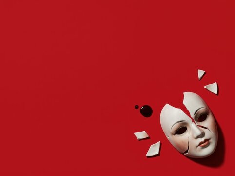 Minimalist horror flatlay with shattered porcelain mask and blood droplets on vivid red background with large functional copy space for cinematic advertising.