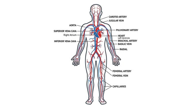 Human circulatory system diagram with labeled anatomy