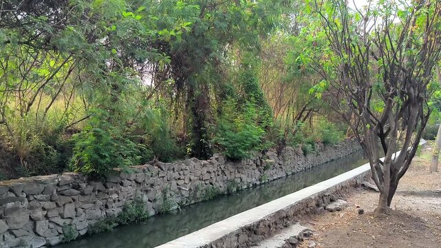 A wide shot of a stone-lined irrigation canal with clear water flowing past lush green trees and foliage, showcasing agricultural water management and natural environment