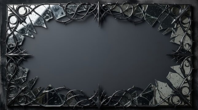 Ornate Gothic Horror Frame with Shattered Mirror Shards and Obsidian Thorns, Elegant Dark Background with Central Copyspace for Spooky Season Campaign Banner