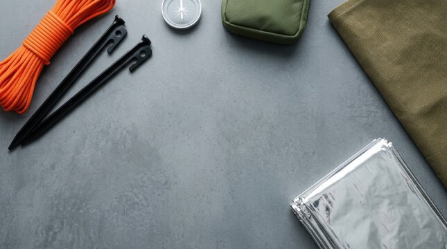 Emergency Preparedness and Temporary Shelter Gear Border on Concrete Surface with Copyspace, Featuring Thermal Blanket, Paracord, and Tent Stakes in a Minimalist Flat Lay