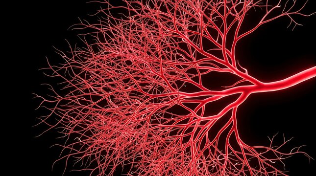 Red blood vessel network on black background