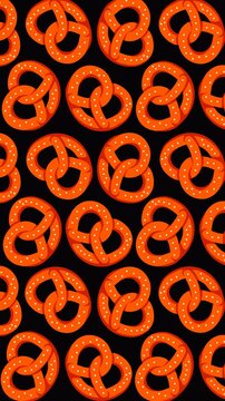 Animated seamless pattern of traditional Bavarian pretzels with golden brown crust and salt on a black background