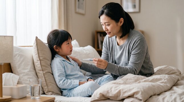 Caring mother checking her sick daughter temperature with a thermometer in bed at home.