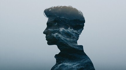 Obraz premium Side profile silhouette of a human head and shoulders filled with ocean waves in a double exposure style against a muted gray background.
