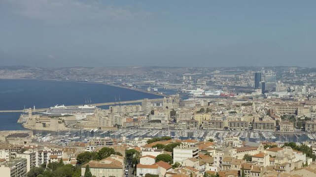 High angle view of Marseille city and the Old Port on the Mediterranean sea coast