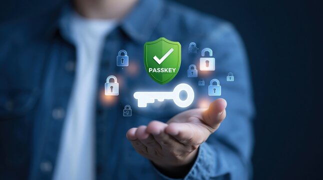 Business person holding a glowing digital key with passkey shield and padlock icons, concept of passwordless security and authentication.