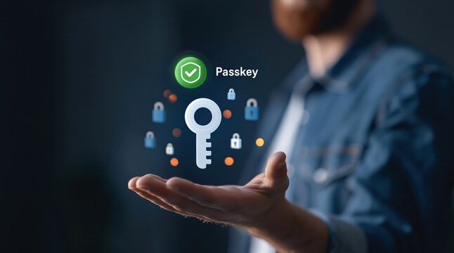 Blurred person holding a hand under a digital key icon with passkey and lock symbols, illustrating the concept of online security and passwordless authentication.