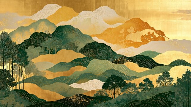 a mountainous landscape at sunset. The style resembles traditional Japanese art, characterized by intricate brushstrokes and a rich color palette of gold, orange, and green.