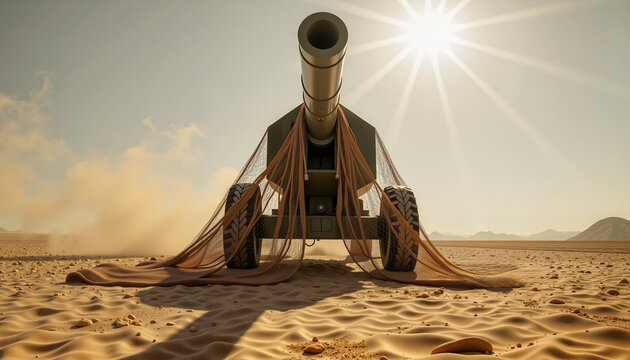 Formidable artillery cannon in desert under midday sun, tactical display
