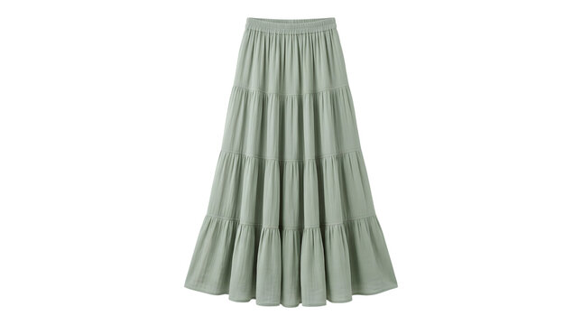 Sage green tiered maxi skirt, elegant long pleated cotton skirt for women, bohemian style summer apparel isolated on white background