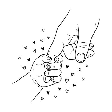 Minimalist Line Art Holding Hands With Small Hearts Vector