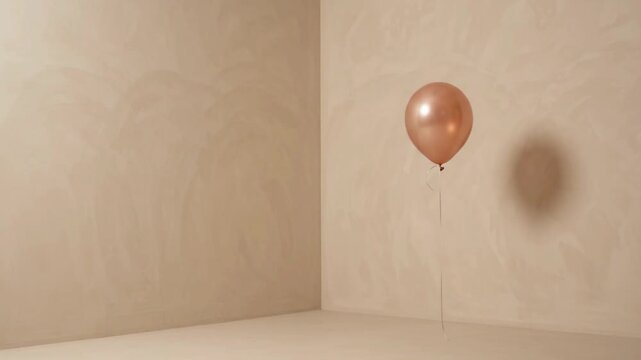 Minimalist 3D Rose Gold Metallic Balloon Floating in Empty Beige Room Corner Concept Background   