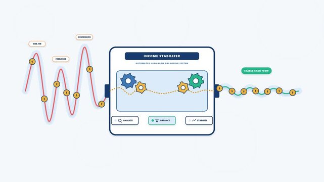 Premium 2D flat vector motion graphic illustrating volatile irregular income entering a financial stabilizer machine and transforming into a smooth, consistent cash-flow output in a seamless 10-second