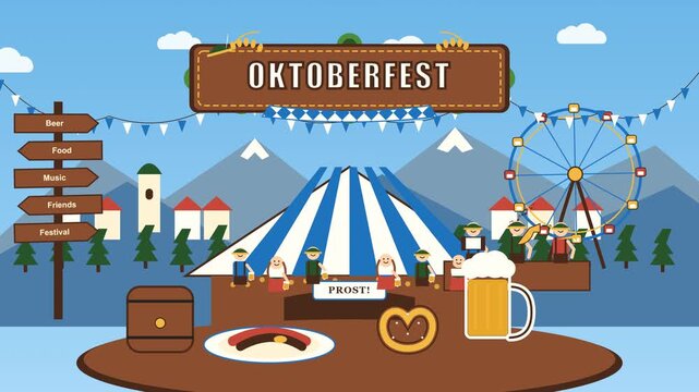 Premium 2D flat vector motion graphic illustrating a vibrant Bavarian Oktoberfest scene with dynamic festival elements, musicians, tents, ferris wheel, and food in a mathematically seamless 10-second