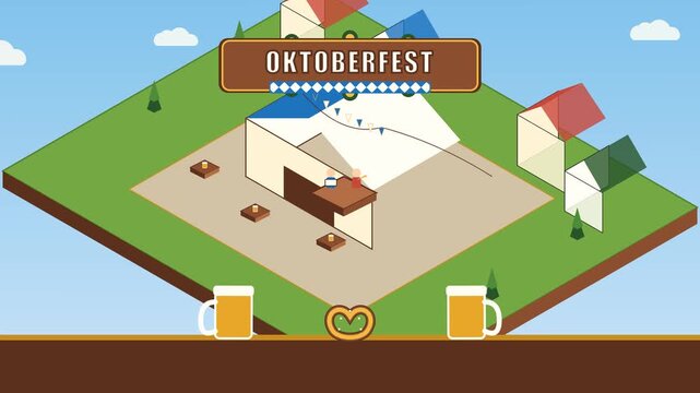 Premium 2D flat isometric vector motion graphic illustrating a rich Bavarian Oktoberfest village layout with central beer garden, traditional brass band stage, floating festive banners, and dynamic mi