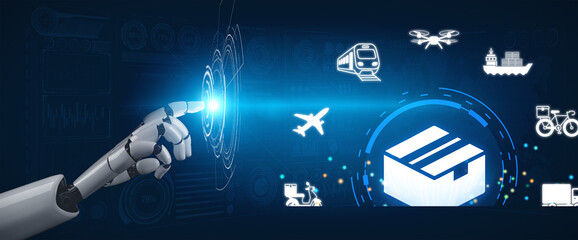 Fototapeta na wymiar A futuristic robot hand engages with digital delivery icons, representing the innovative landscape of logistics and transportation in a modern technological environment. Nascent