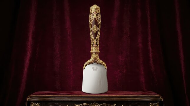 Ornate gold ceremonial gavel, luxury judge mallet with intricate filigree handle, royal legal auction hammer on velvet background