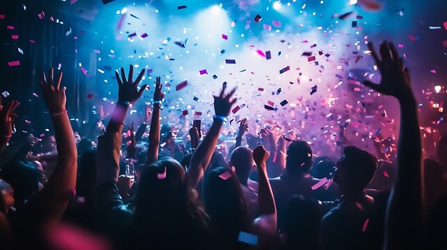 A crowd of people dancing and celebrating at a concert with confetti falling from the ceiling.