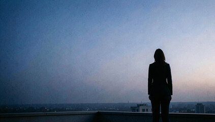 Plakat Businesswoman standing on rooftop looking at city view