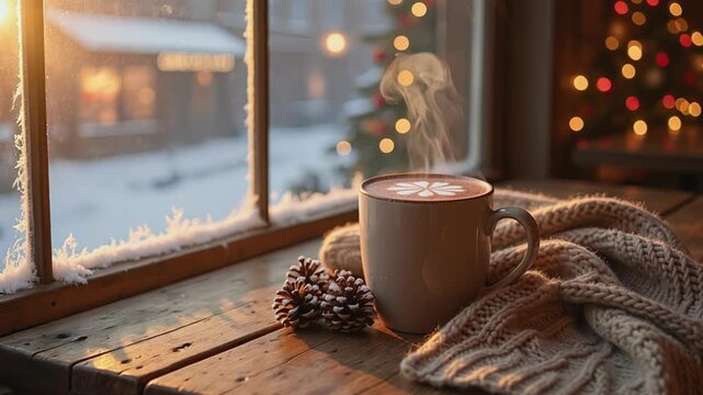 冬の雪降る窓際カフェの木製テーブルで雪の結晶ラテアートのホットココアから立ち上る温かい湯気
