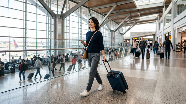 スーツケースを持って空港ターミナルを自信に満ちて歩く旅行中の日本の女性
