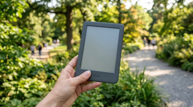 Portable e-reader held in hand outdoors, digital tablet with blank screen in sunny park, electronic book reader for summer vacation reading