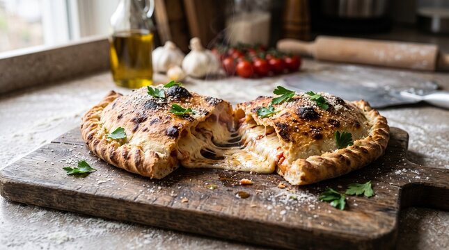 A freshly baked Italian calzone with melted cheese served on a rustic wooden board.