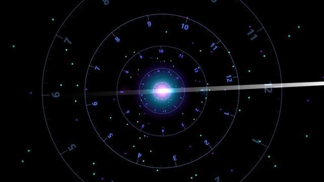 Futuristic clock tunnel with glowing numbers and light flare, abstract time travel concept video, cosmic clockwork mechanism in deep space, cinematic motion graphics for sci-fi projects High