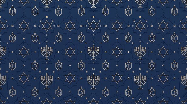 Hanukkah seamless pattern with gold menorah and dreidel icons