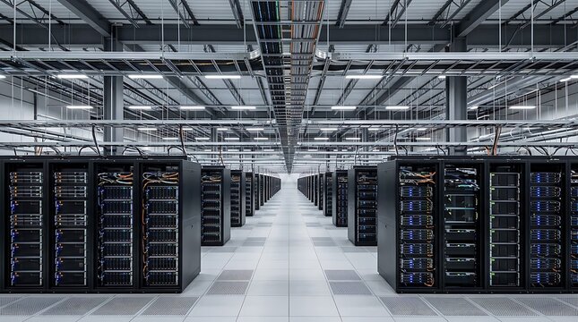 Wide symmetrical view of a modern data center showing long parallel rows of illuminated server racks under a ceiling network of cables, ventilation ducts, and bright overhead lights.