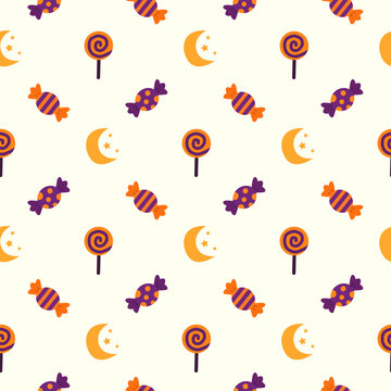 Seamless Halloween pattern with purple orange candies lollipops moon stars on cream background