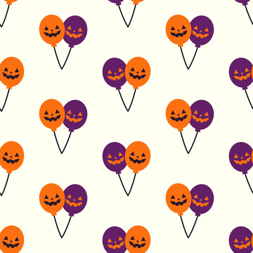 Seamless pattern of orange and purple Halloween balloons with spooky pumpkin faces