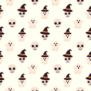 Cute halloween seamless pattern with cartoon ghosts and skulls wearing witch hats