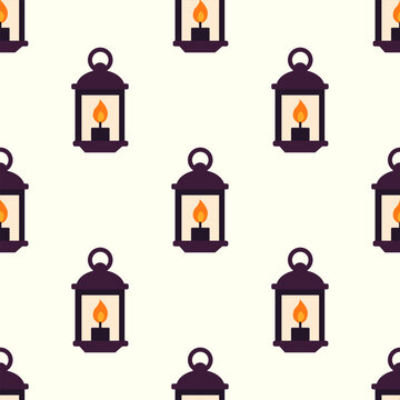 Seamless pattern with traditional flat lantern icons and glowing candles for lighting