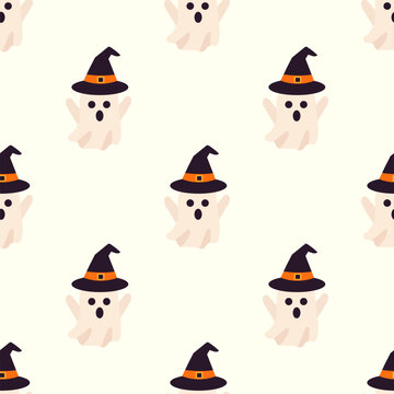 Cute little white ghost wearing black witch hat seamless pattern halloween backdrop