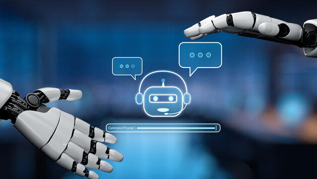 A sleek robotic arm reaches towards a digital chatbot interface, symbolizing the evolving interaction between humans and artificial intelligence in modern technology. Synapse