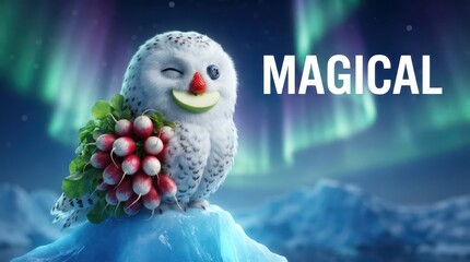 Obraz premium Magical snow owl perched on festive holly branch.