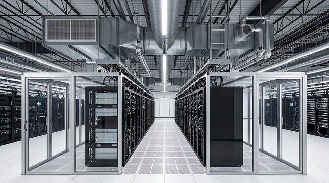 Interior of a data center featuring server cabinets enclosed within glass containment doors, with large industrial air ducts and ventilation piping mounted on the ceiling overhead.