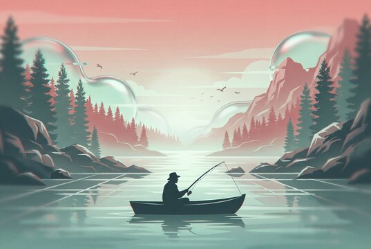 Silhouette of a fisherman in a boat angling on a calm mountain lake at sunset